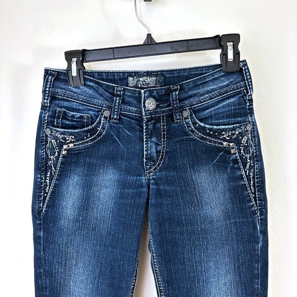Silver Suki 17 " Jeans Rhinestones Black Patch Size 26 - Picture 3 of 10